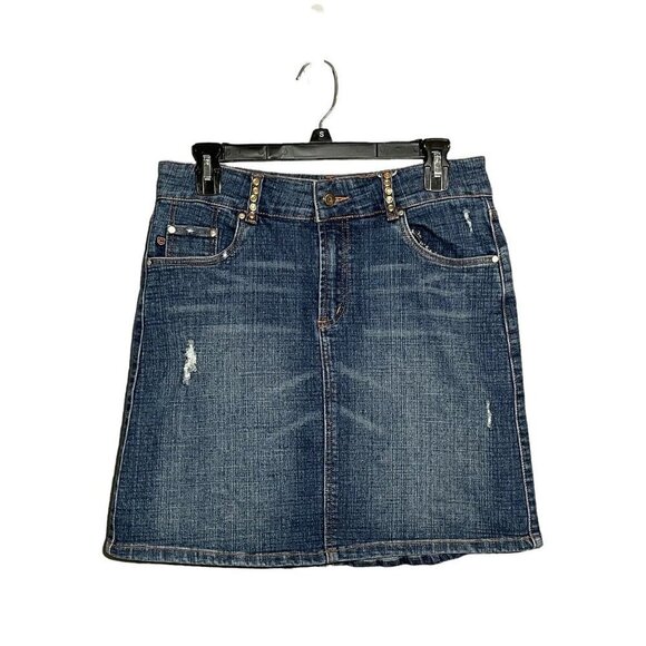 Crest Jean Mini Skirt Size 7/8 Denim Dark Blue Stud Crystal Blink Distressed Hip - Picture 1 of 10